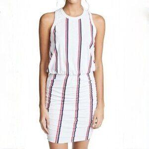 Sundry Sleeveless Ruched Racerback Mini Dress Stripe White Blue Red Womens 0